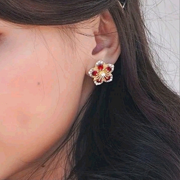 💖 2/$30 Womens boho Floral Rhinestone red gold elegant Stud cocktail Earrings - Picture 15 of 15